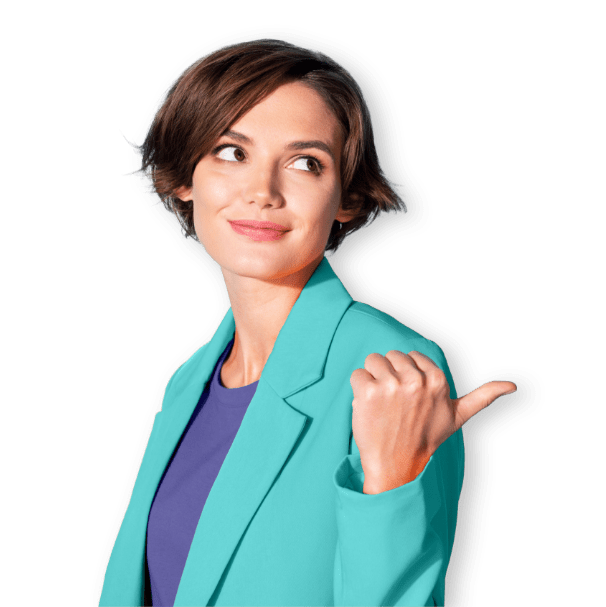 woman water green jacket pointing right