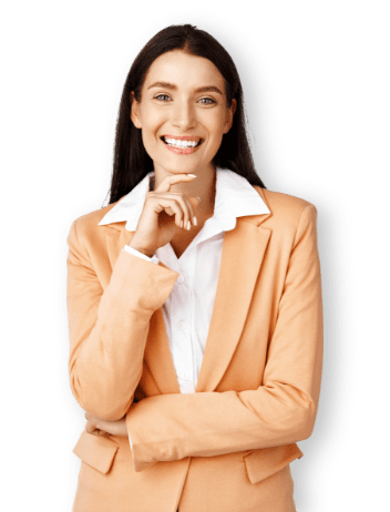 woman peach jacket smile