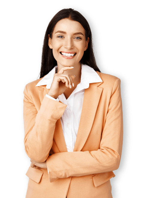 woman peach jacket smile