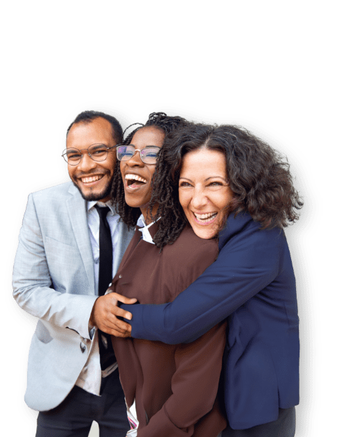 three happy people hugging