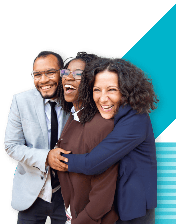 three happy people hugging