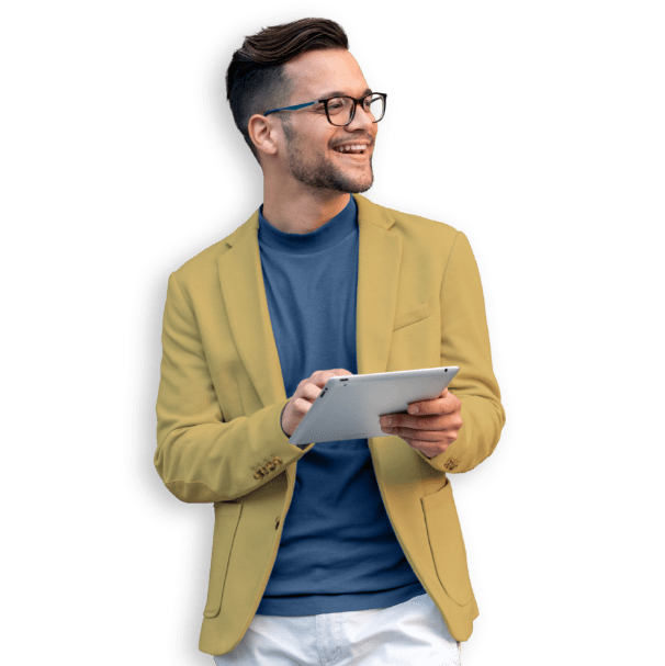 man smiling with glasses and tablet