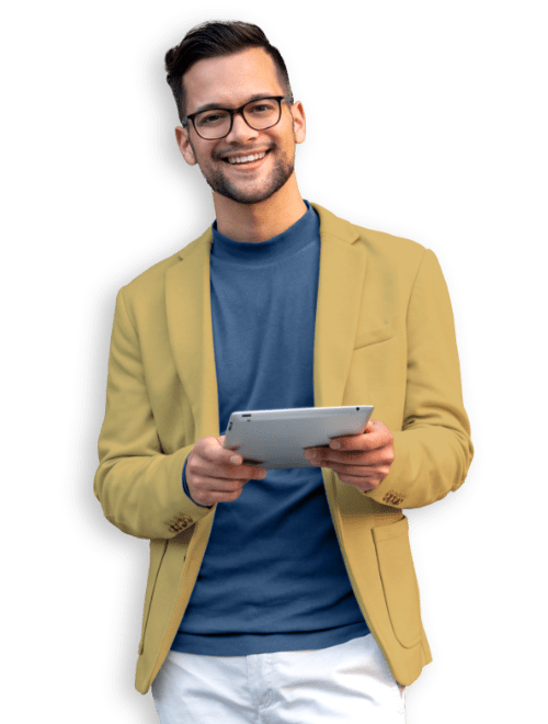 man smiling with tablet and glasses