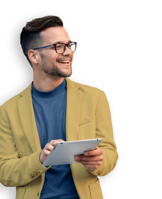 man in blazer with tablet