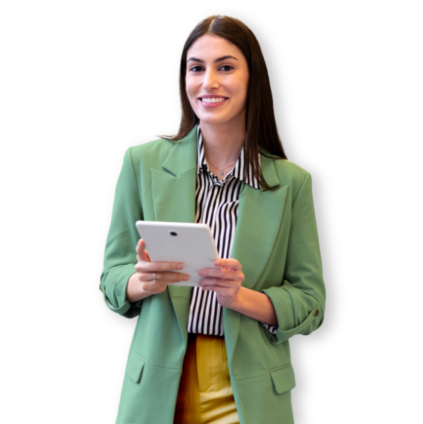 woman in green blazer with tablet