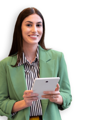 woman in blazer with tablet