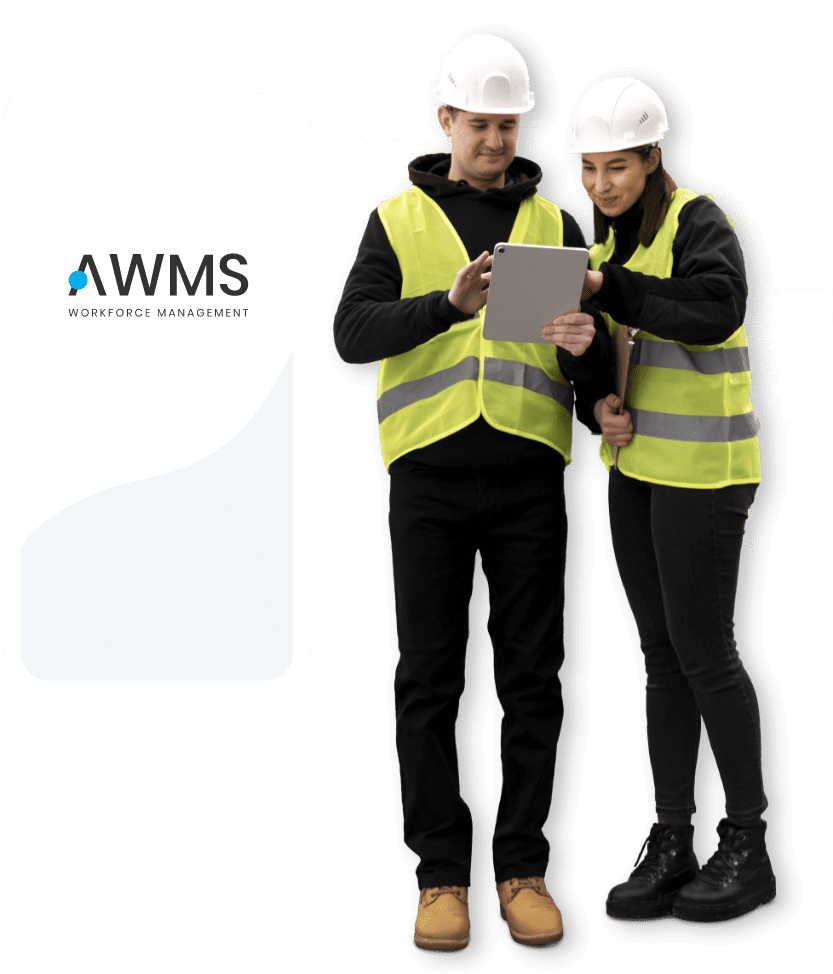 man woman safety hat tablet