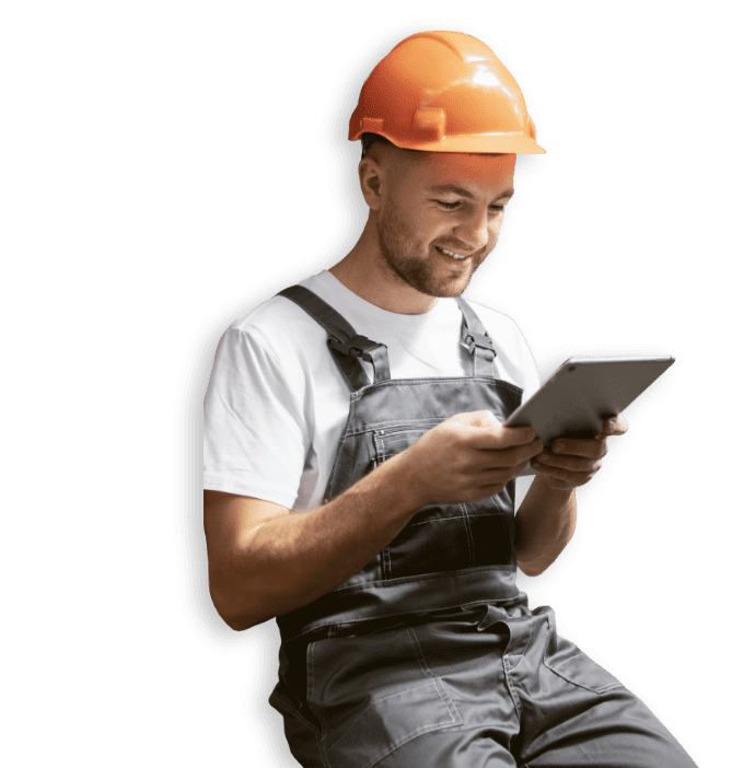 man sitting safety hat pc