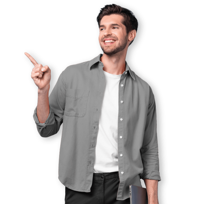 man smiling pointing