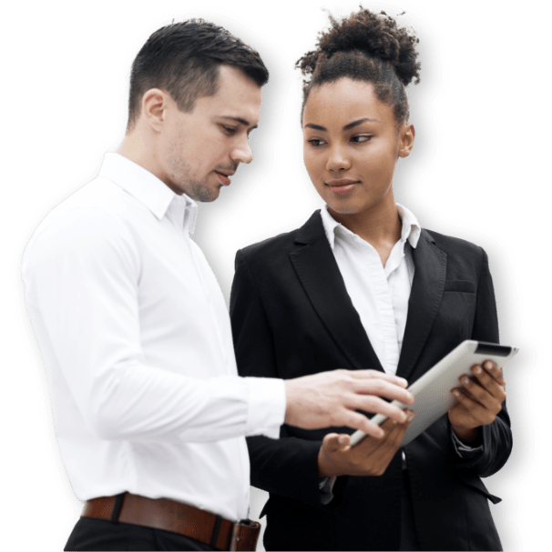 man and woman with ipad