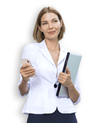 woman blazer white pc smartphone