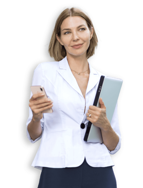 woman white blazer pc smartphone