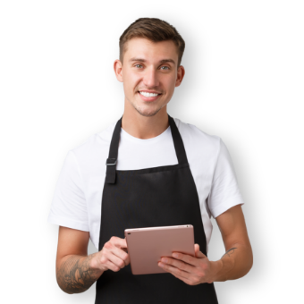 young man with apron smiling