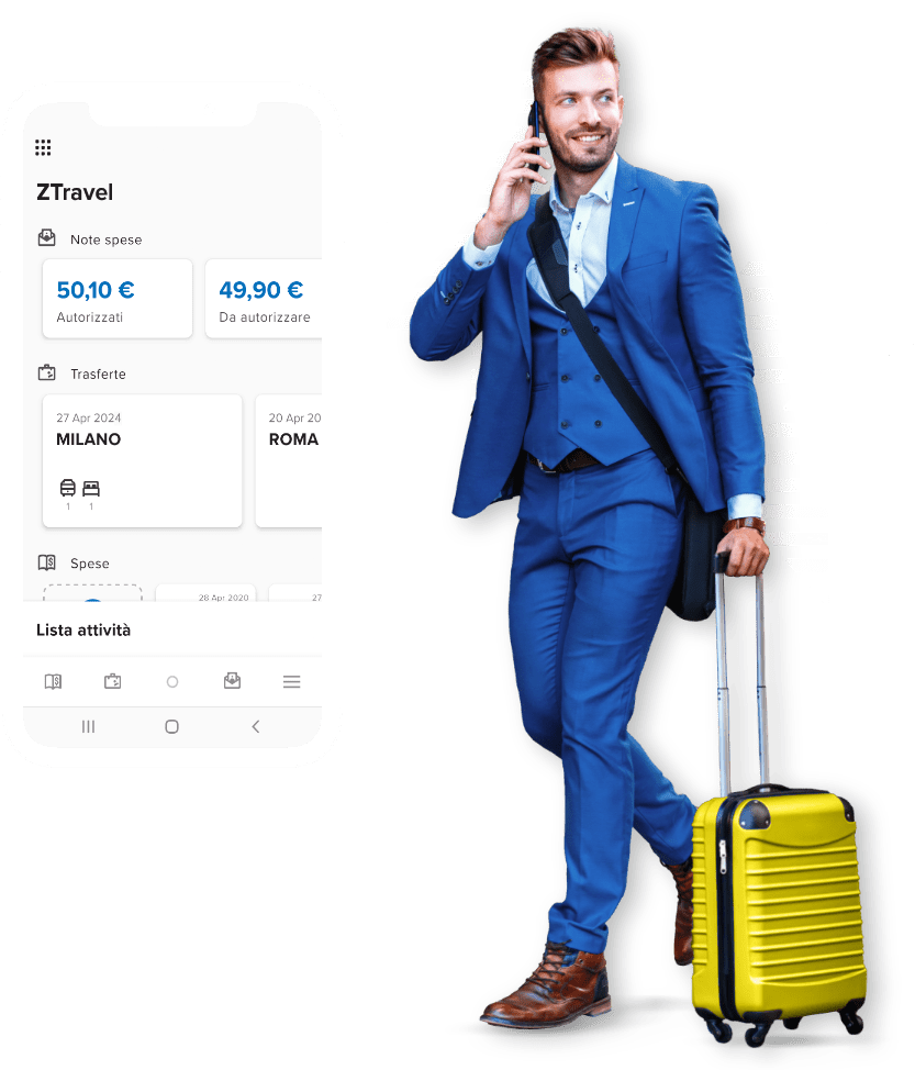 smiling man with phone and luggage