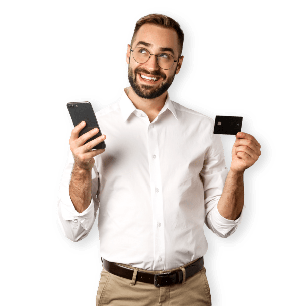 smiling man with card and phone