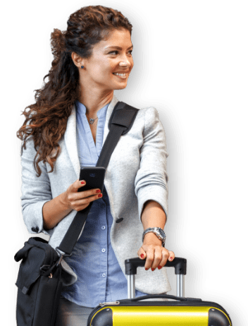 smiling woman with phone and luggage