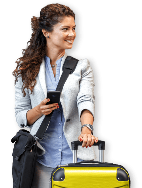 smiling woman with suitcase and phone