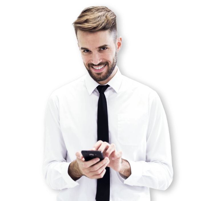 young man smiling smartphone