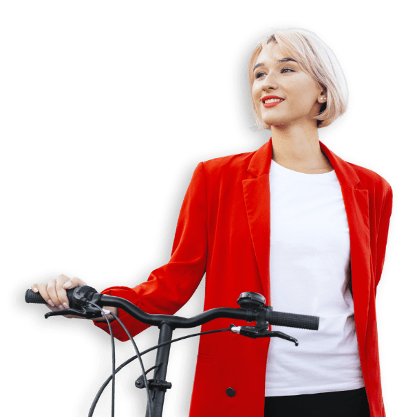 woman red blazer bike