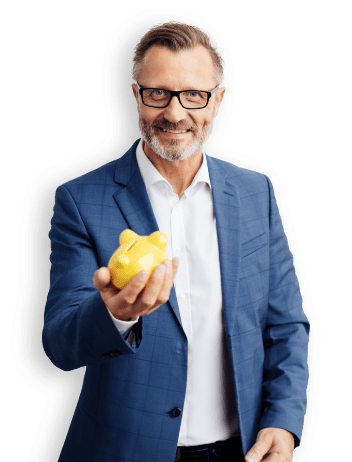 happy businessman piggybanck