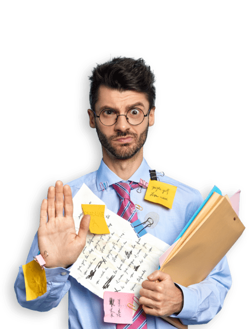 man glasses sticky notes paper