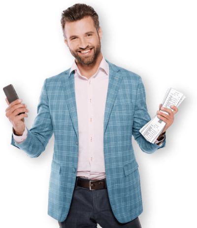 man smiling with receipts