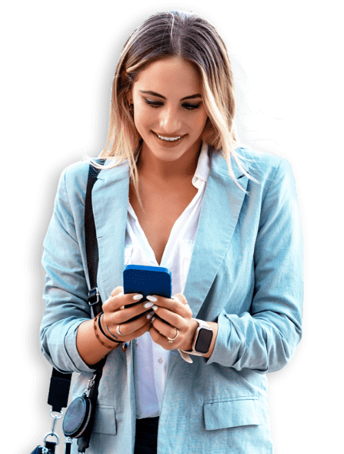 woman blue blazer smartphone