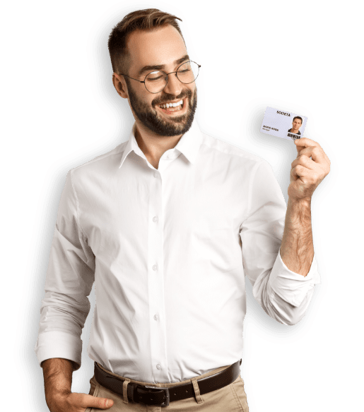 man smiling with badge