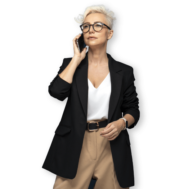 woman blazer glasses smartphone