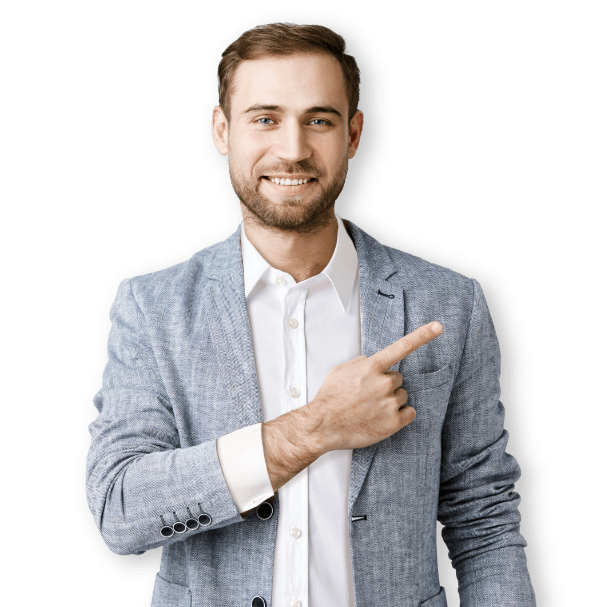 man blazer points right