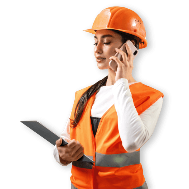 woman safety hat smartphone