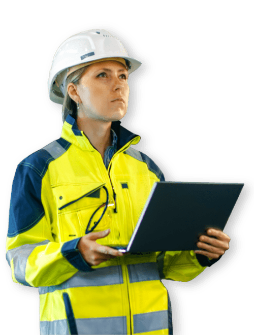 woman with laptop and helmet