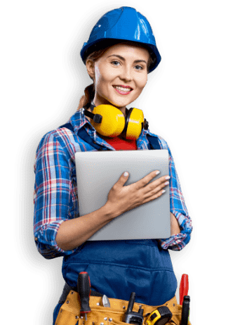 Woman with tablet and helmet