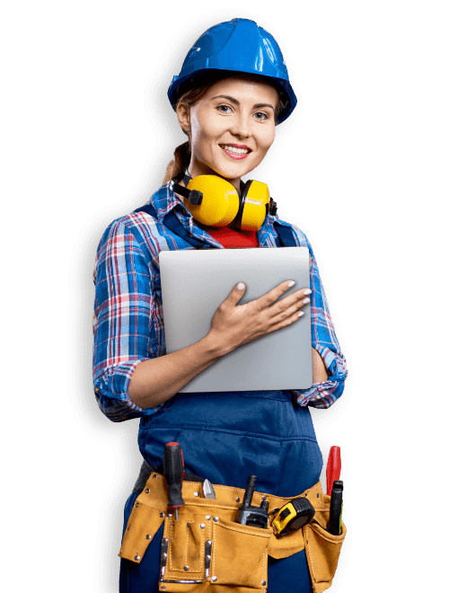 Woman with tablet and helmet