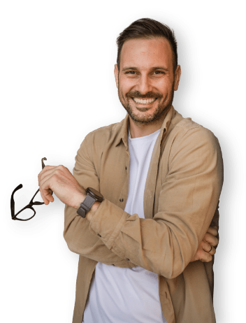 smiling man shirt glasses